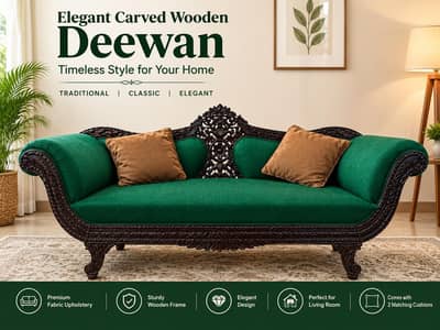 Elegant Carved Wooden Dewan – Emerald Green