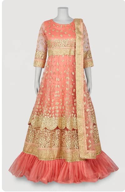 Peach Pink Net Anarkali With Heavy Gold Embroidery, Bridal Party Wear