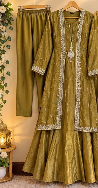 Beautiful Golden Olive Green Eastern Formal Dress with Embroidery