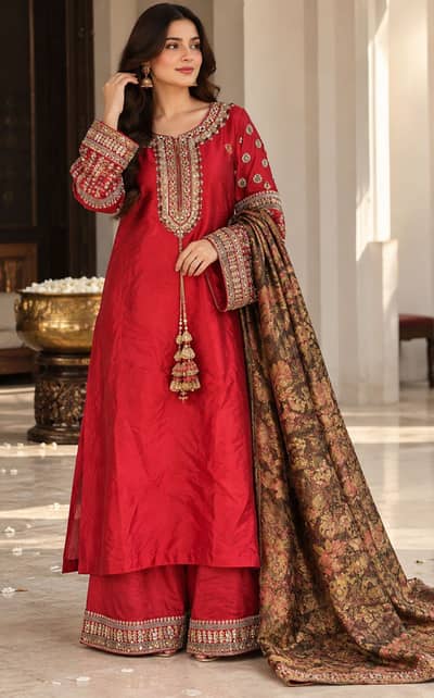 Hussain Rehar Inspired 3-Piece Pure Raw Silk Suit Handwork