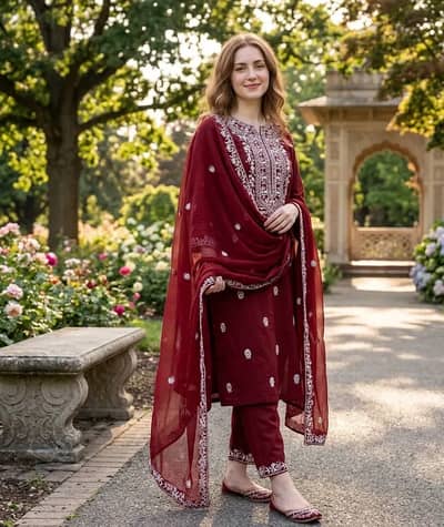 Premium Maroon Chikankari Lawn 3-Piece Embroidered Suit