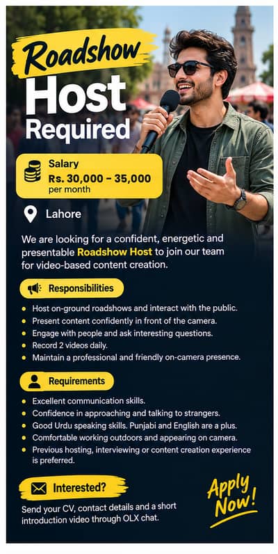 Roadshow Host & Videographer/Video Editor Required | Lahore