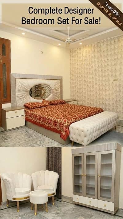 Bed set with side table | sofa chairs | showcase