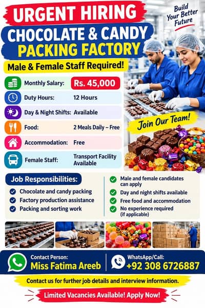 Urgent Factory jobs Lahore/Male and Female/salary 45000/Free Food&Acom