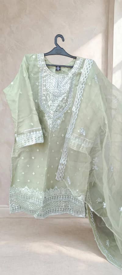 pista green organza mirror work suit 3pc JS boutique heavy embroidery