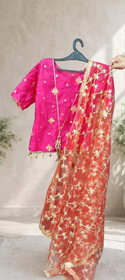 hot pink silk lehnga choli with orange fancy dupata bridal party wear