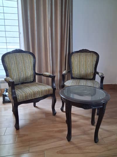 Handcrafted Chinioti Wooden Chair Set with Glass Top Coffee Table – P