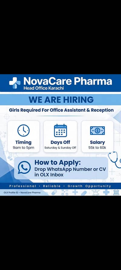 girls required for office assistant and resaption salary 55k to 60k