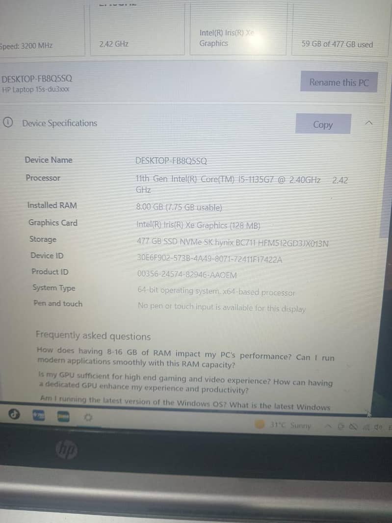 HP Laptop Intel core i5 hard 200 GB ram 8 6