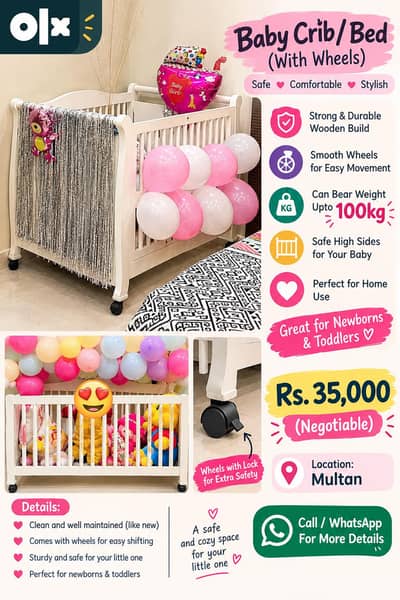 Wooden Baby Cot / Crib with Wheels – 100kg Capacity