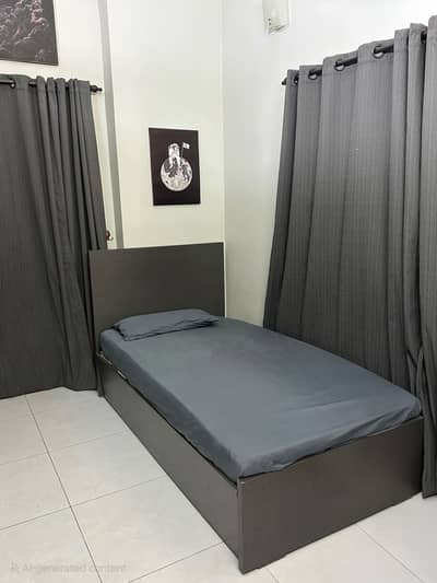 Grey single bed, sliding mirror wardrobe, glass shoe rack