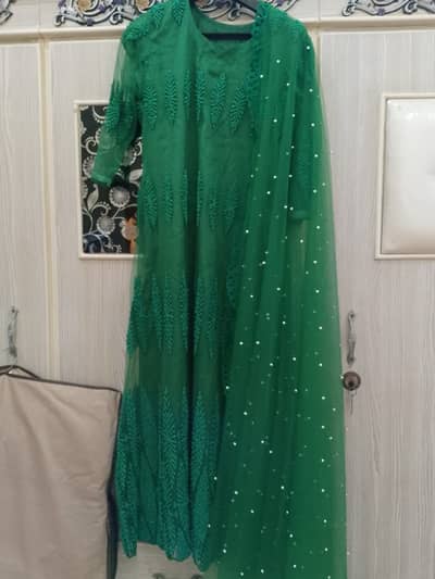 Green maxsi with trouser and pearl dupatta