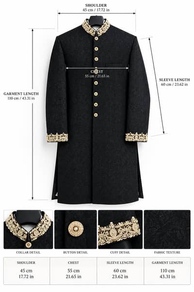Men’s Black & Gold Embroidered Wedding Sherwani with Matching Turban (