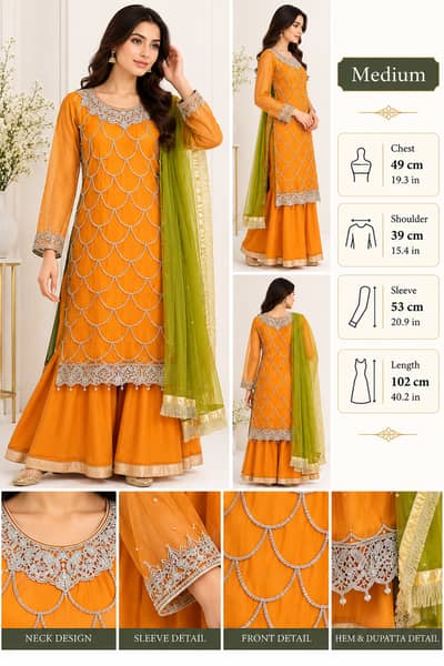 Women's Orange & Green Embroidered 3-Piece Sharara Suit with Dupatta