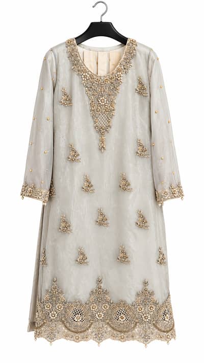 Women's Grey & Gold Embroidered Kameez / Kurta Only – Pakistani Weddi