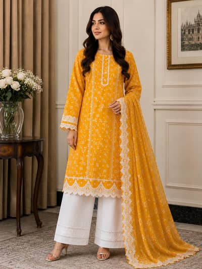 beautiful printed lown dress with lace detailing