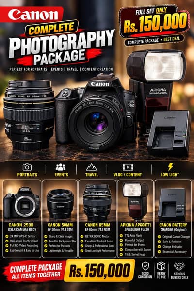 CANON EOS 250D DSLR – COMPLETE PHOTOGRAPHY PACKAGE FOR SALE