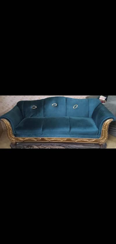Beautiful Blue Velvet Sofa Set with Golden Design
