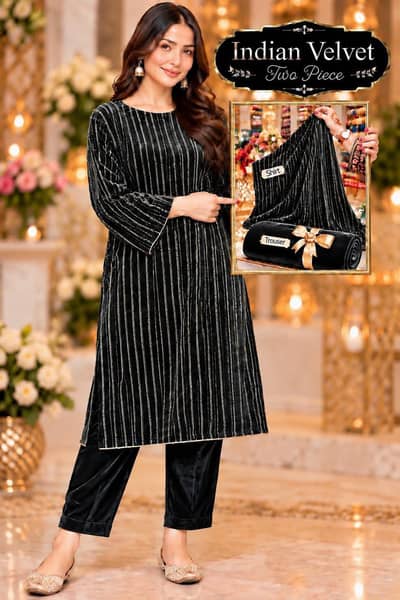 Indian velvet two piece black striped velvet shirt and trouser