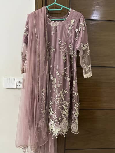 Lilac Silk frock with trouser and net dupatta