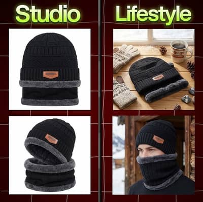 ​Premium Winter Beanie Cap & Neck Warmer Set - Warm Fleece Lining