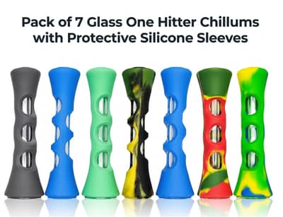 Pack of 7 Glass One Hitter Chillums with Protective Silicone Sleeves