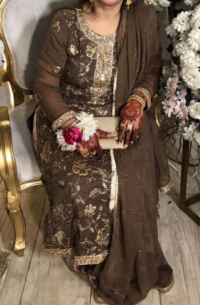 3 Pc MUGHLAYI GHARARA WITH LONG SHIRT AND CHIFFON DUPATTA