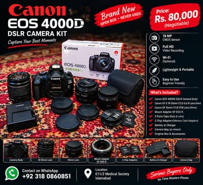 Canon EOS 4000D DSLR Camera Kit – Extra Lenses – Open Box