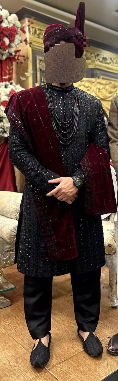 Black embroided sherwani | Barat | complete Set | 6Pcs