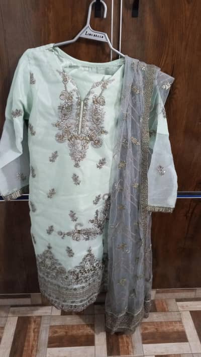 : Elegant Mint Green Embroidered Kurti With Net Dupatta | Party Wear