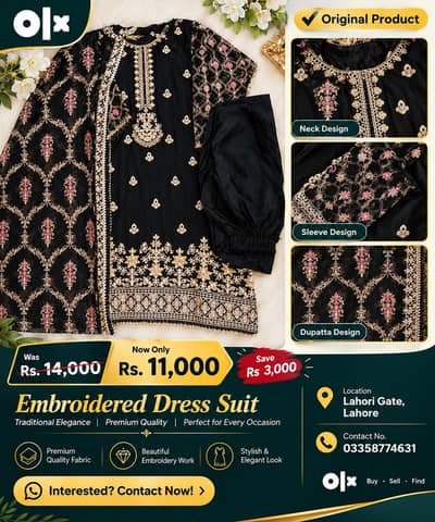 Black Embroidered Ladies dress Suit with Dupatta  - Elegent Party Wear