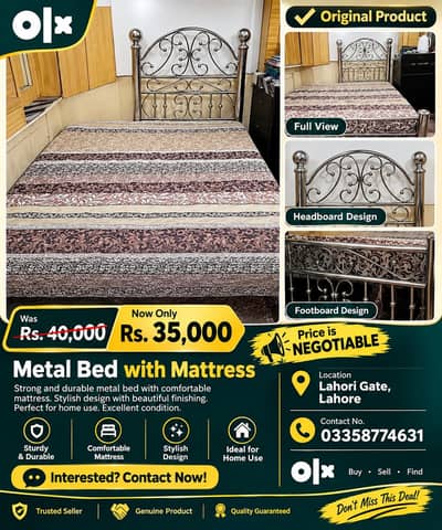 Stylish Silver Metal Bed with Mattress – Elegant Design | Lahore