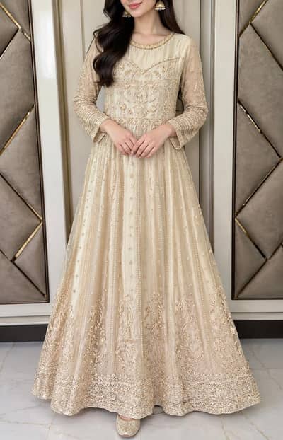 Elegant off-white +gold Embroidered net maxi