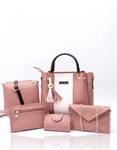 Pink Rexine 5-Piece Handbag Set for Women – Stylish Ladies Shoulder B