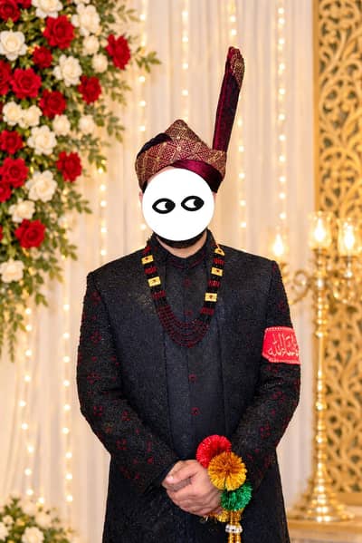 Double Cover Black Sherwani With Full Set