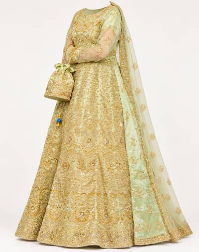 Beautiful Mint Green & Golden Walima Bridal Dress