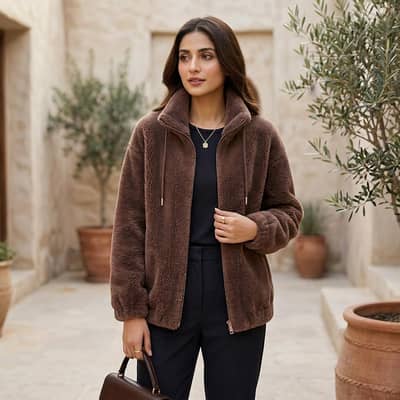 Ladies Winter Fur Jacket - Soft Fleece High Neck Zipper Coat
