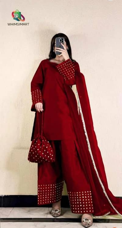 Maroon Shamoz Silk Farshi Shalwar Kameez 4pcs Set With Pearl Potli