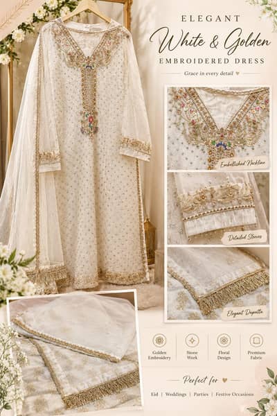 Elegant Ivory White & Golden Embroidered Pakistani Formal Dress