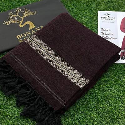 Maroon Velvet Shawl with Geometric Border for Men by Al-Duaa