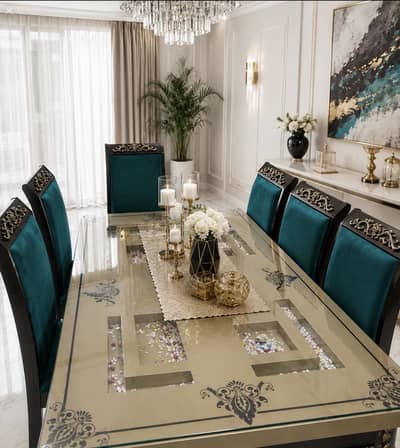 6 Seater Dining Table Set with Glass Top & 6 Chairs