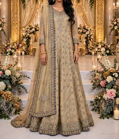 Bridal golden valima maxi with light purple touch and golden handwork