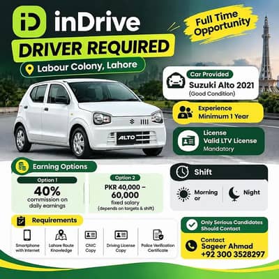 Indrive Driver Required – Suzuki Alto 2021 – Lahore | License