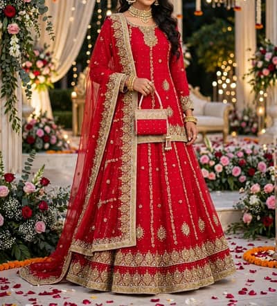 Bridal nikah red lehenga with golden hand work