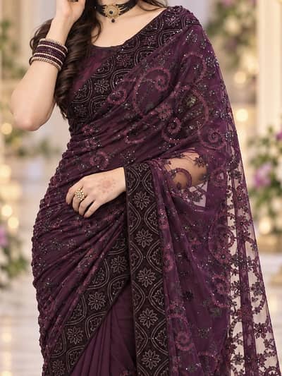 Saree, Fancy Purple Net, Formal use