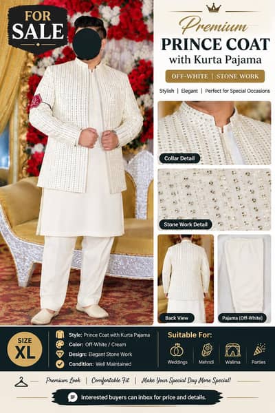 Premium Off-White Stone Work Prince Coat with Kurta Pajama – Size XL