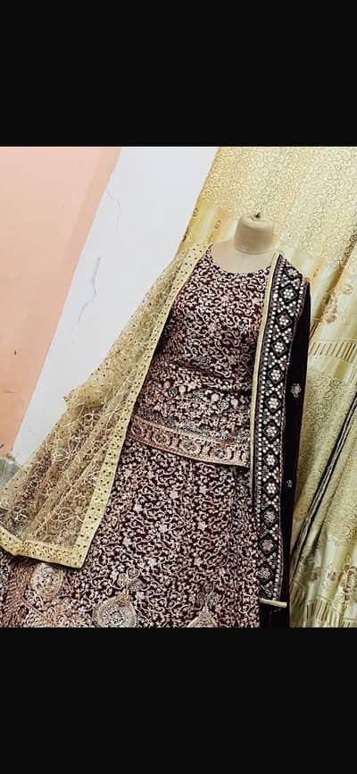 Bridal Lehenga Mehroon Heavy Embroidery 2 Dupattas Worn Full Gher