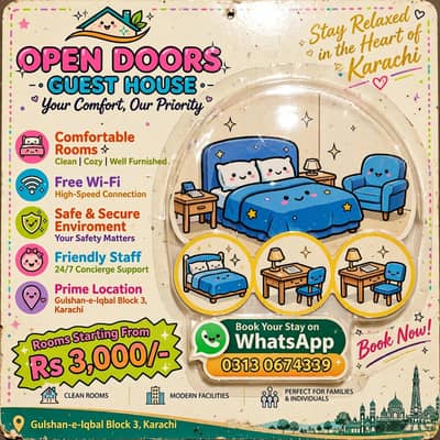open door guest house room available 24 hours for shots and long time.