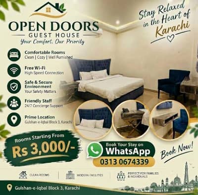 open door guest house room available 24 hours for shots and long time.