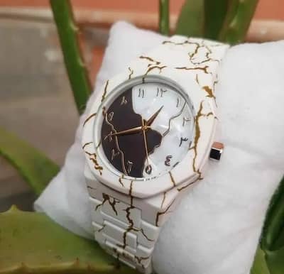 ⌚ Men's White Marble & Gold Chronograph-Style Watch – Elegant Design
